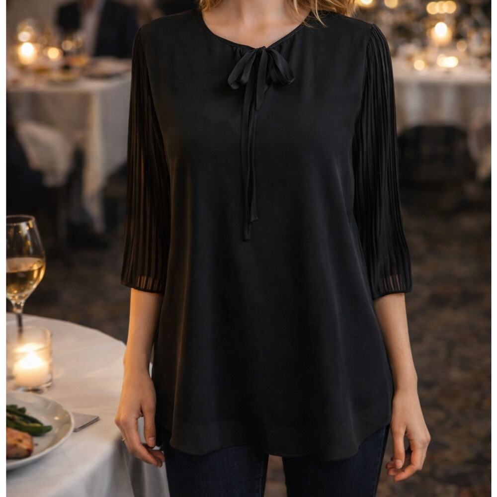 Ann Taylor women's black blouse Large Tie neck pleated sleeves dressy lined
